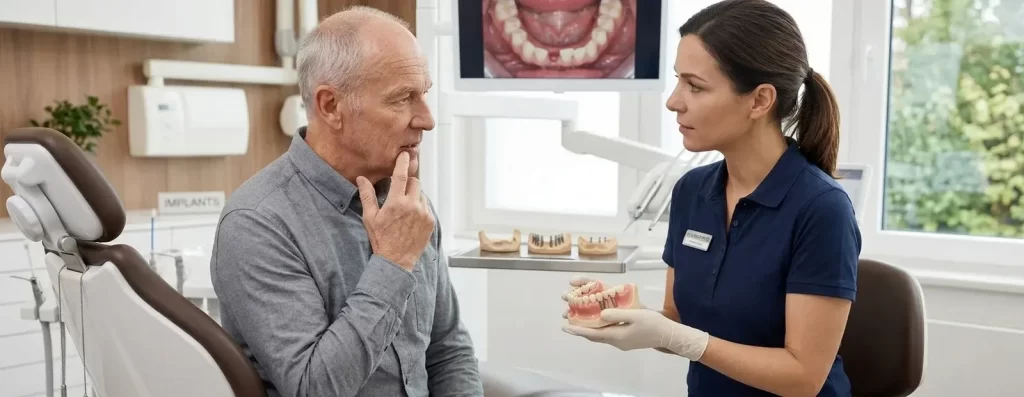 Paciente mayor conversando con una odontóloga sobre atención dental mientras observa un modelo dental.
