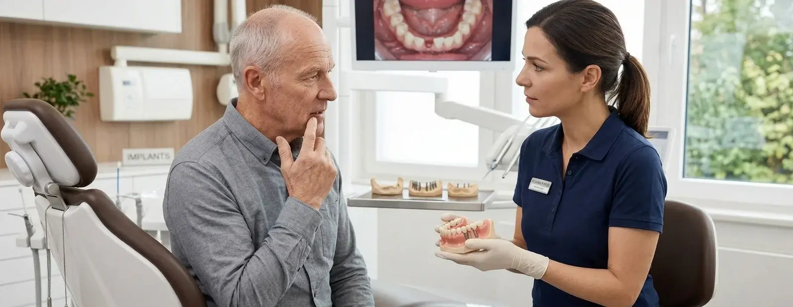 Dental professional explaining implant treatment options to a patient using an anatomical jaw model at R&S Dental Associates in Clifton, NJ.