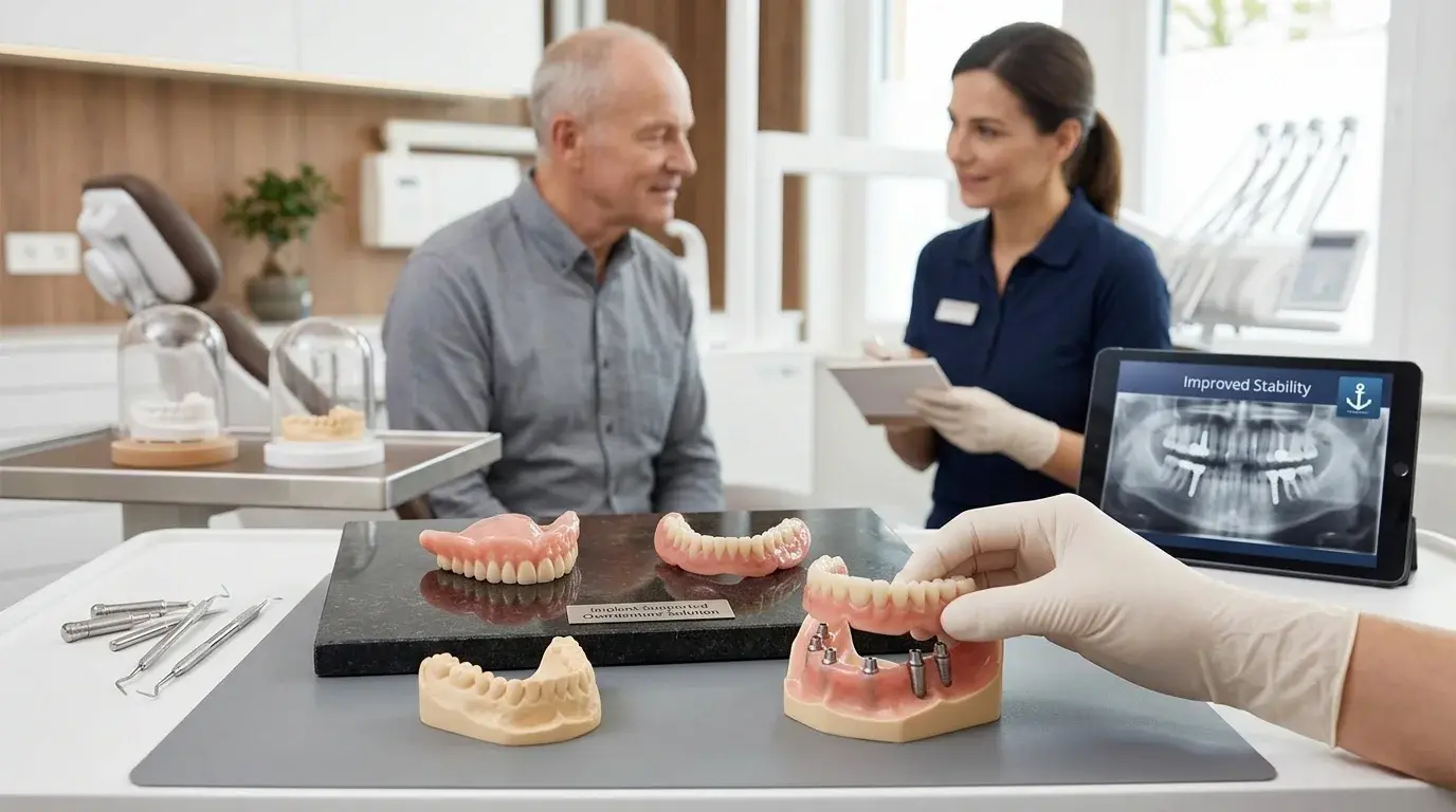 Display of full-arch dental implant options and dentures with a digital X-ray screen during a patient consultation at R&S Dental Associates in Clifton, NJ.