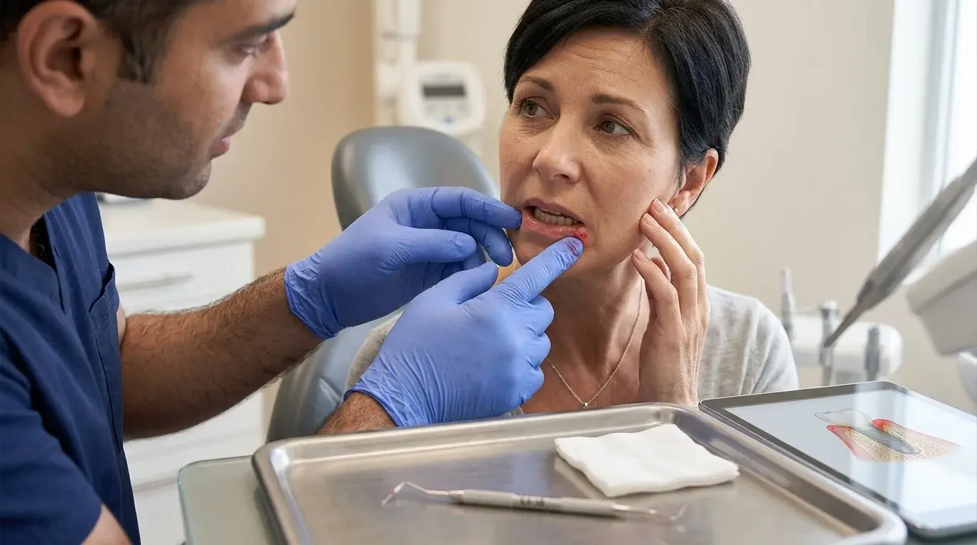 Dentist examining a patient's lower lip lesion during an oral health assessment at R&S Dental Associates in Clifton, NJ.