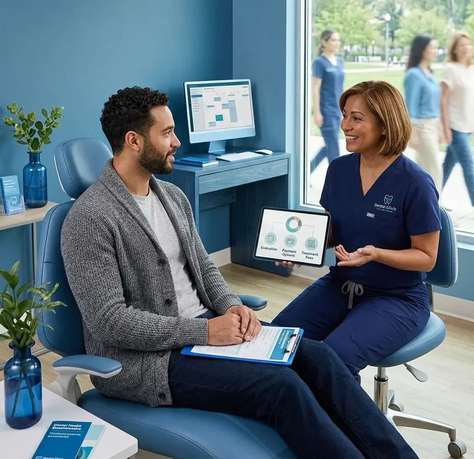 Dental staff member presenting treatment fees and payment options on a tablet to a seated male patient at R&S Dental Associates in Clifton, NJ.