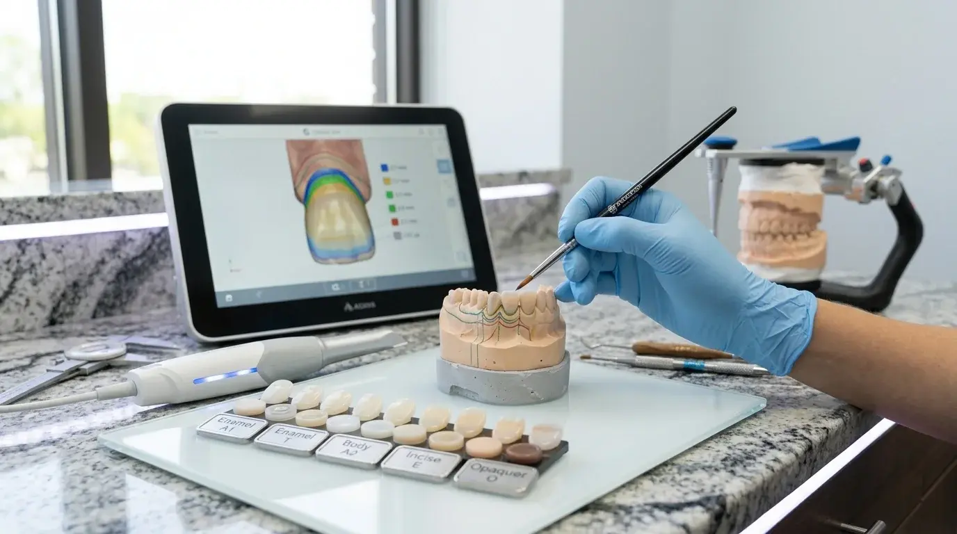 Dental technician applying custom porcelain layering to a dental model beside a digital mapping screen at R&S Dental Associates in Clifton, NJ.