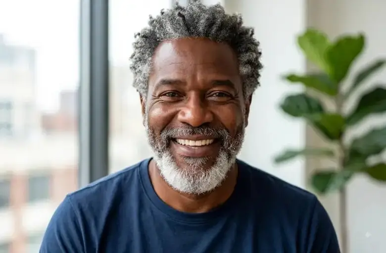 Smiling mature Black man with graying hair showing a healthy, complete smile, representing restorative dental treatments in Clifton, NJ.