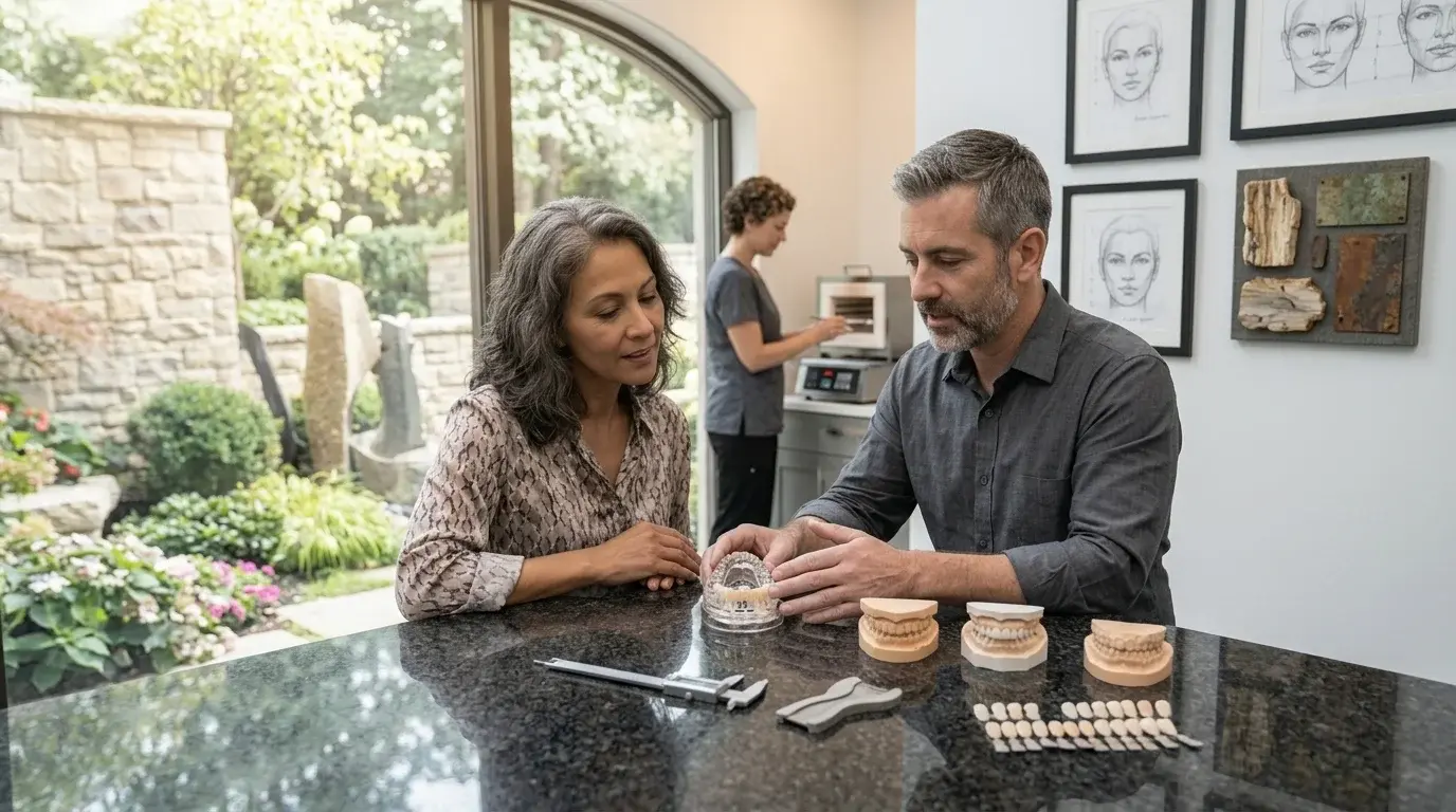 Un dentista comenta con un paciente las muestras de material y de tono de porcelana para dientes personalizados en R&S Dental Associates, en Clifton, Nueva Jersey.