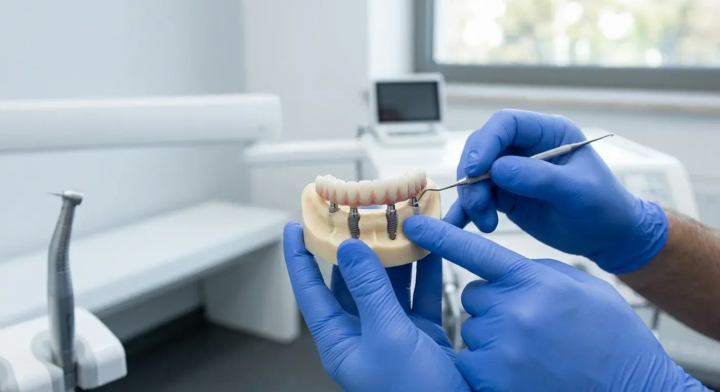 Un profesional de la odontología señala un modelo anatómico de mandíbula para mostrar una solución de implantes removibles de arcada completa, con imágenes de tomografía computarizada de haz cónico (CBCT) en 3D de fondo, en R&S Dental Associates en Clifton, Nueva Jersey.