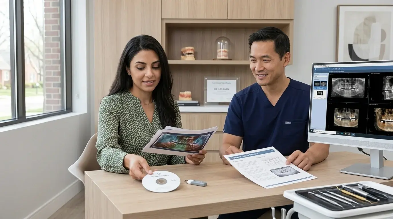 Dentist and female patient reviewing digital x-ray records and treatment plan paperwork at R&S Dental Associates in Clifton, NJ.