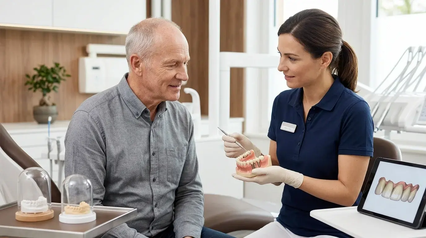 Dentist showing a senior patient a dental implant jaw model during a restorative treatment plan consultation at R&S Dental Associates in Clifton, NJ.
