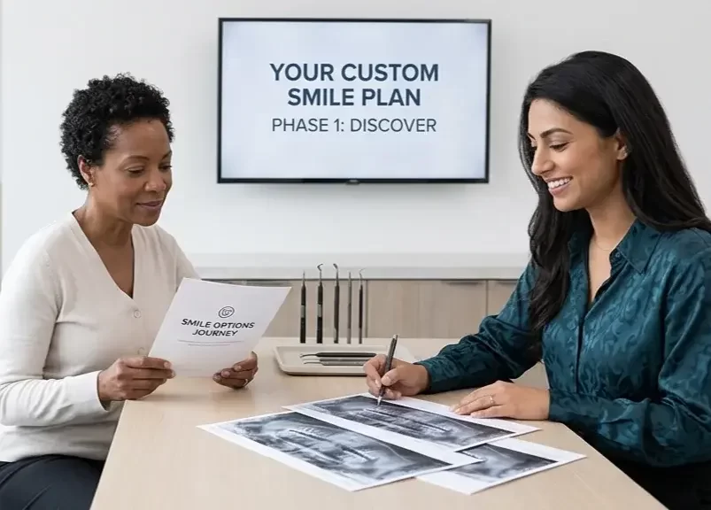 Coordinador de tratamientos revisando un documento de plan de sonrisa personalizado y radiografías dentales con un paciente en R&S Dental Associates en Clifton, Nueva Jersey.