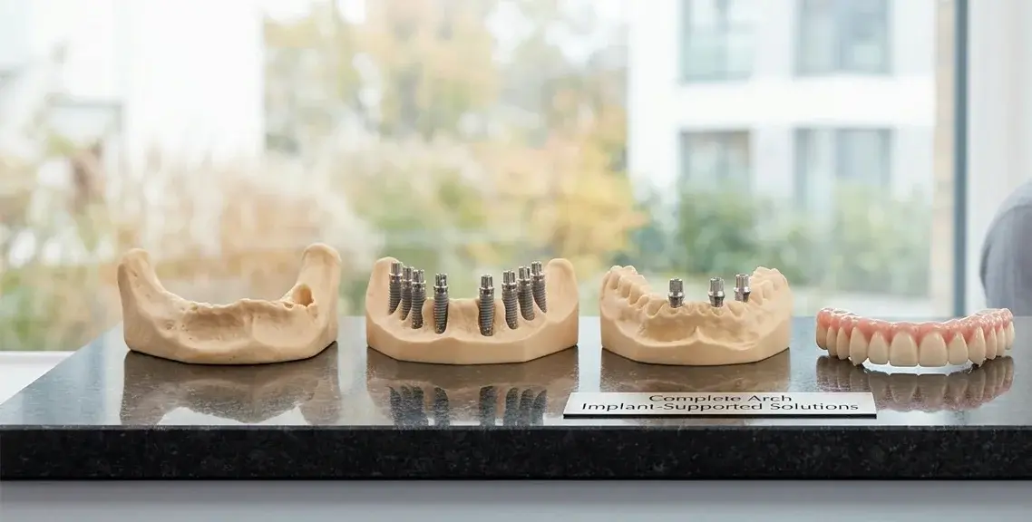 Demonstration models showing the progression of complete arch implant-supported solutions at R&S Dental Associates in Clifton, NJ.