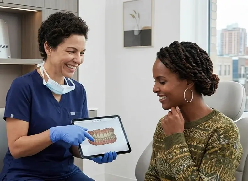 Female dentist showing a 3D digital dental scan on a tablet to a smiling patient at R&S Dental Associates in Clifton, NJ.
