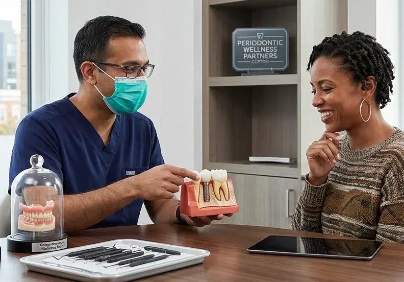 Male dentist in a surgical mask pointing to a dental implant cross-section model while consulting with a female patient at R&S Dental Associates in Clifton, NJ.