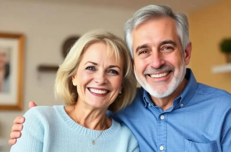 Smiling senior couple showcasing healthy, full teeth and restorative dental implant results at R&S Dental Associates in Clifton, NJ.
