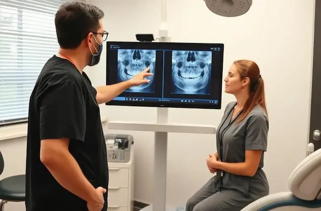 Dentist reviewing digital dental X-rays on a monitor during a patient consultation at R&S Dental Associates in Clifton, NJ.