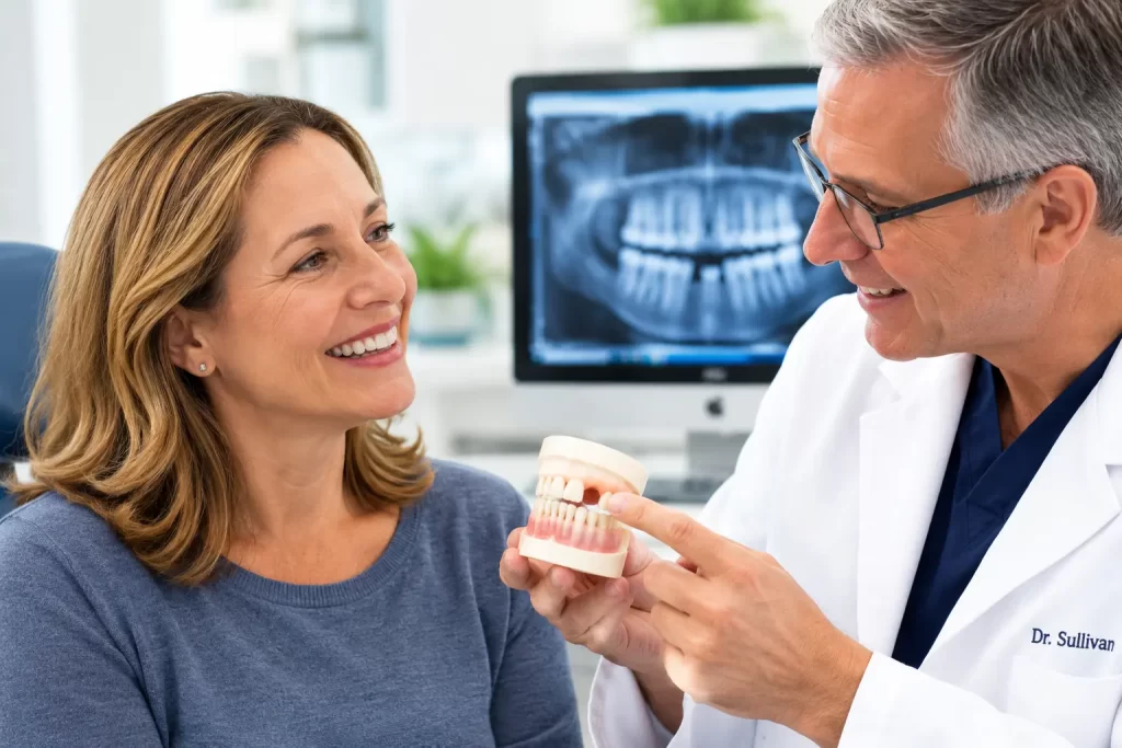 Odontólogo en consulta con una paciente sonriente durante una evaluación dental.