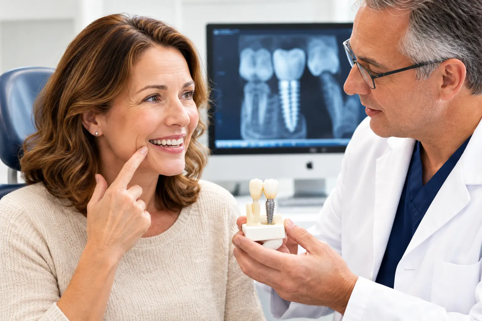 Mujer y dentista hablando durante una consulta.