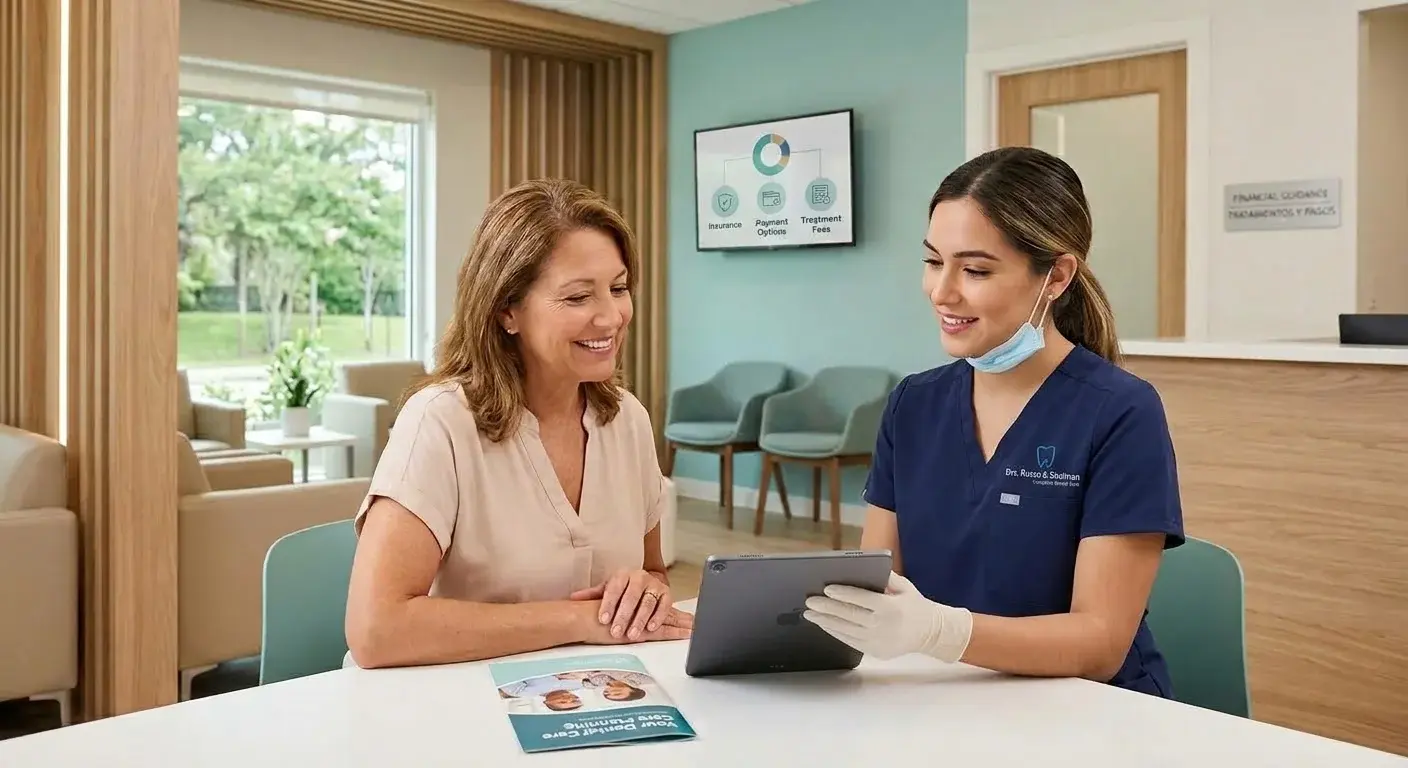Dental staff member using a digital tablet to explain insurance coverage and payment plans to a smiling female patient.