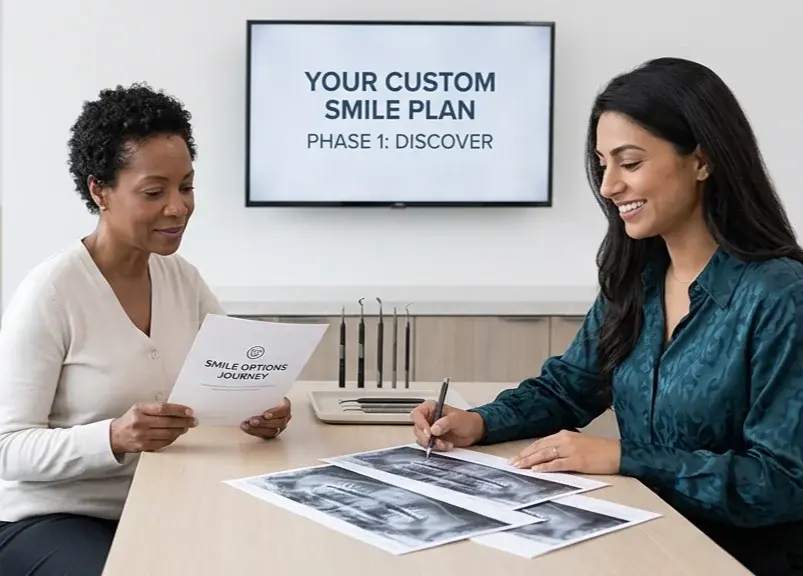 Treatment coordinator reviewing a custom smile plan document and dental X-rays with a patient at R&S Dental Associates in Clifton, NJ.