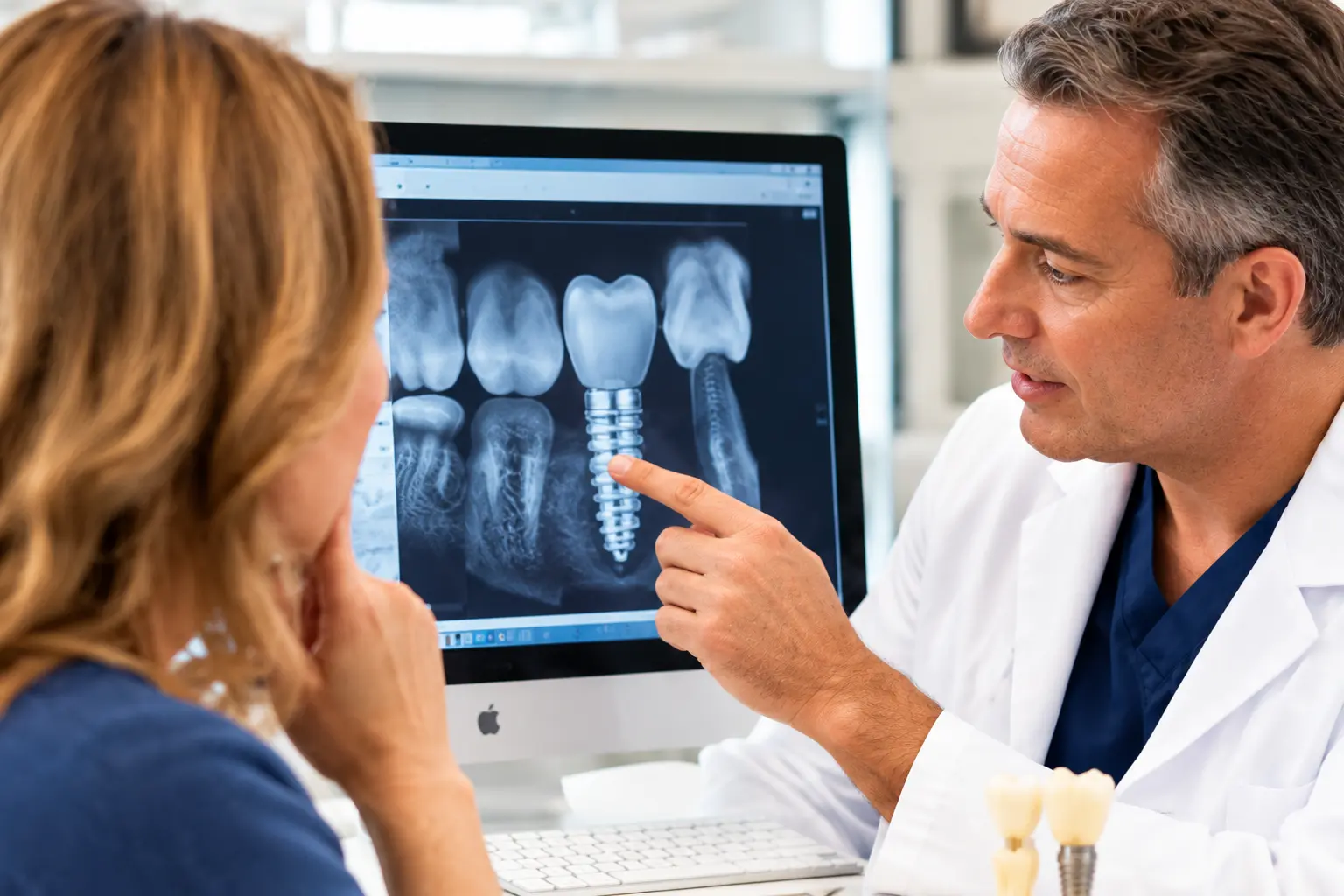 Dentist explaining treatment options to a patient during a consultation.