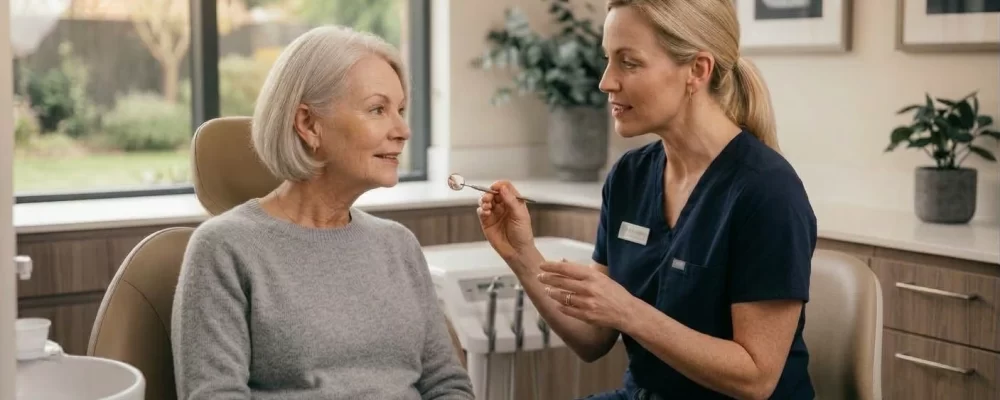 Dentist discussing veneer options with a female patient during a smile consultation.