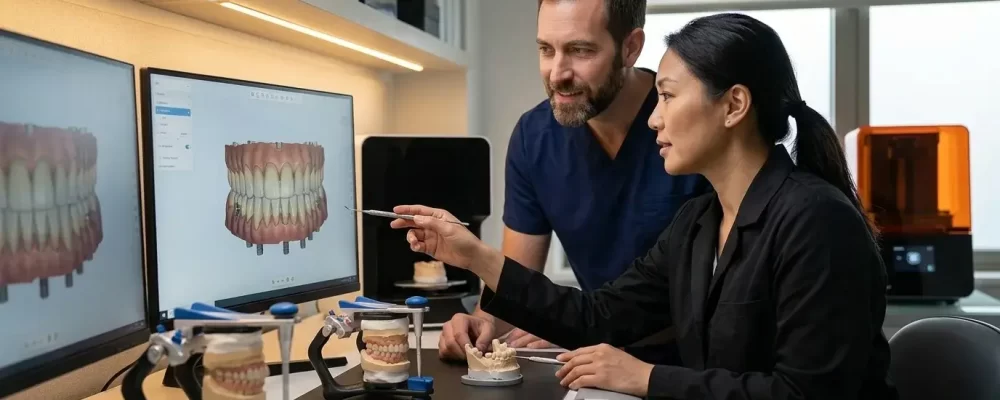 Dentist and lab technician reviewing a 3D full-arch dental implant digital design on a computer monitor at R&S Dental Associates in Clifton, NJ.