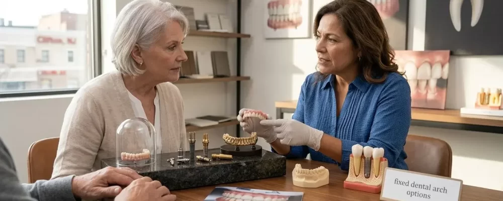 Odontólogo conversando con un paciente mayor sobre opciones de implantes dentales utilizando modelos de prótesis.