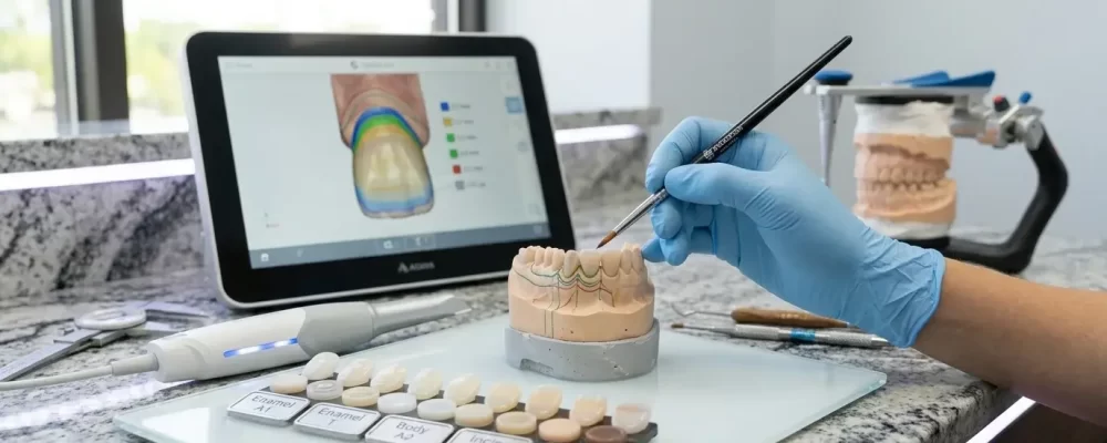 Odontólogo evaluando un pequeño astillado en el diente de un paciente durante una consulta de restauración con resina en R&S Dental Associates, en Clifton, NJ.