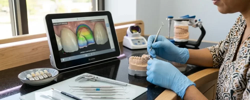 Odontólogo evaluando la forma de los dientes de una paciente durante una consulta en Drs. Russo & Shulman.
