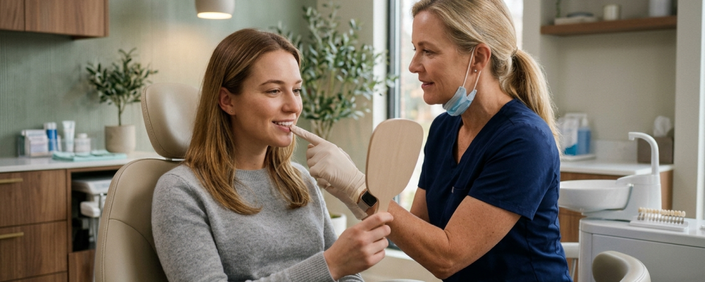 Odontólogo evaluando la forma de los dientes de una paciente durante una consulta en Drs. Russo & Shulman.