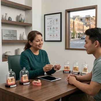 Periodontist presenting clear aligners and anatomical dental models to a patient during a consultation at R&S Dental Associates in Clifton, NJ.