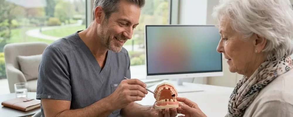 Dentist explaining dental structure using an anatomical jaw model to a senior patient during a consultation at R&S Dental Associates in Clifton, NJ.