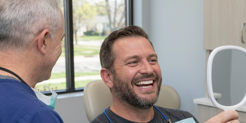 Mature male patient smiling while looking into a mirror during a dental consultation.