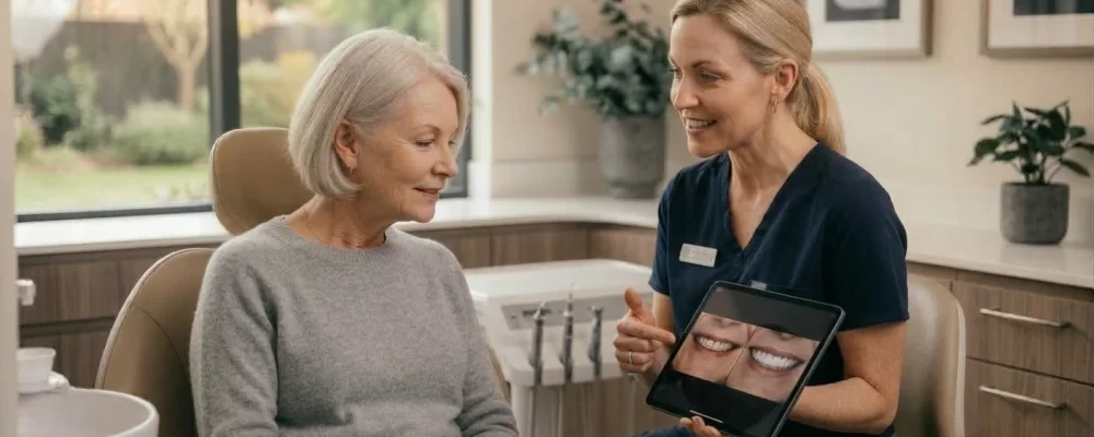 Dentist consulting with a female patient about her smile goals during a consultation.