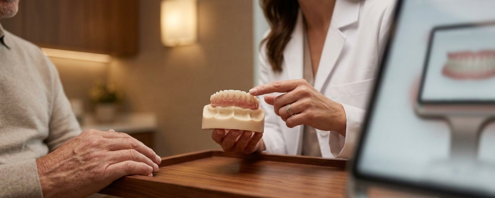 Dentist consulting with a patient during a dental evaluation.