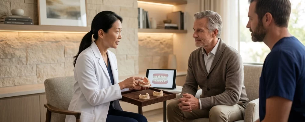 Dentist talking with a patient during a dental appointment.